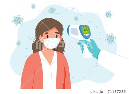 Body temperature check, woman is being checked with infrared thermometer. 71187286