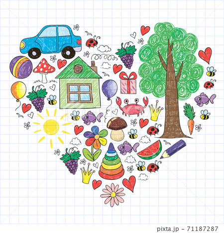 Vector kindergarten pattern with helicopter, house, toys, ship. Boys and girls online education. 71187287