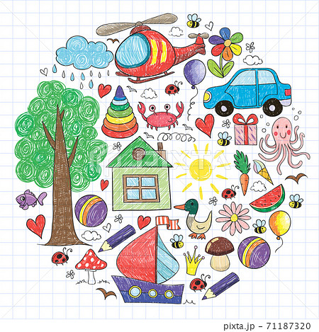 Vector kindergarten pattern with helicopter, house, toys, ship. Boys and girls online education. 71187320