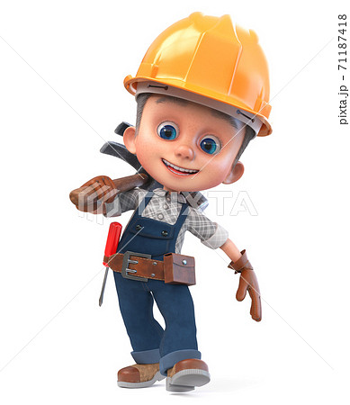 3D illustration funny boy in construction helmet and overalls 3D illustration funny boy in construction helmet and overalls 71187418