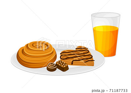 Sweet Twisted Bun and Waffle Rested on Plate with Glass of Fresh Juice Vector Illustration Sweet Twisted Bun and Waffle Rested on Plate with Glass of Fresh Juice Vector Illustration 71187733