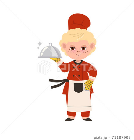 Cute Boy Chef in Toque and Apron Holding Metal Tray Vector Illustration 71187905