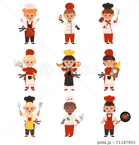 Smiling Kids Wearing Colorful Toques and Aprons Cooking Vector Set Smiling Kids Wearing Colorful Toques and Aprons Cooking Vector Set 71187955