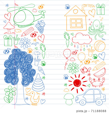 Vector kindergarten pattern with helicopter, house, toys, ship. Boys and girls online education. 71188088