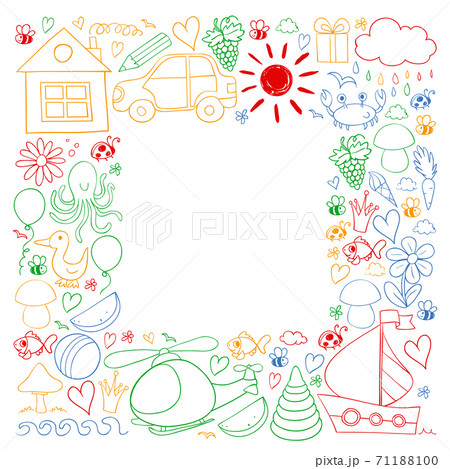 Vector kindergarten pattern with helicopter, house, toys, ship. Boys and girls online education. Vector kindergarten pattern with helicopter, house, toys, ship. Boys and girls online education. 71188100