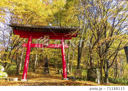 雨上がりの長老神社の風景　紅葉　宮城県七ヶ宿町 71188115