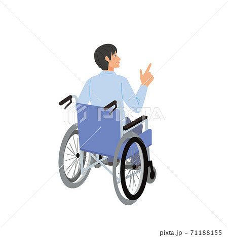 車椅子の男性 後ろ向き 背中 指差しポーズのイラストのイラスト素材