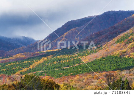 晩秋の七ヶ宿から見た不忘山　紅葉　宮城県七ヶ宿町 71188345