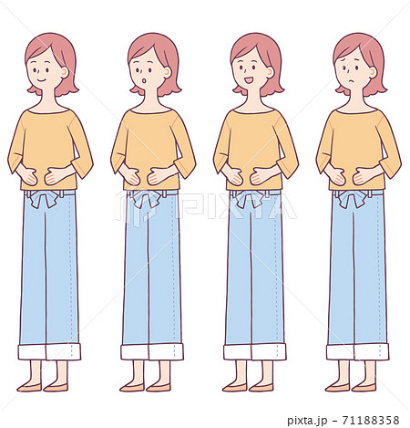 お腹をおさえる女性 表情セットのイラスト素材