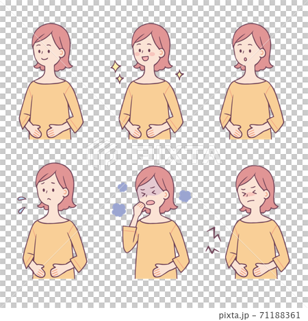 Facial expression / pose set for a woman who holds her stomach 71188361