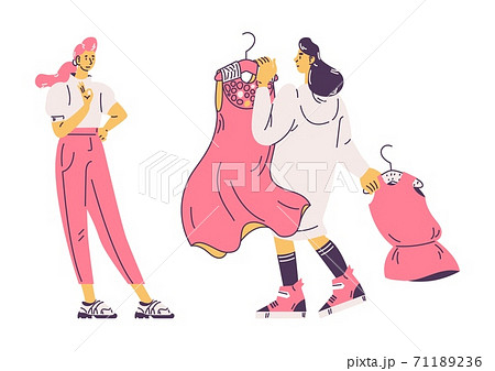 Woman choosing clothes to wear with friend. Outline characters with hangers isolated on white. Girls fashion concept scene 71189236