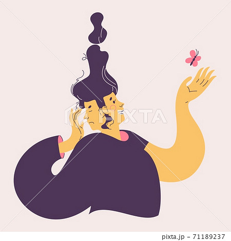 Bipolar disorder vector illustration. Woman with two faces. One is happy, another onw is deeply sad. Isolated on beige background concept character Bipolar disorder vector illustration. Woman with two faces. One is happy, another onw is deeply sad. Isolated on beige background concept character 71189237