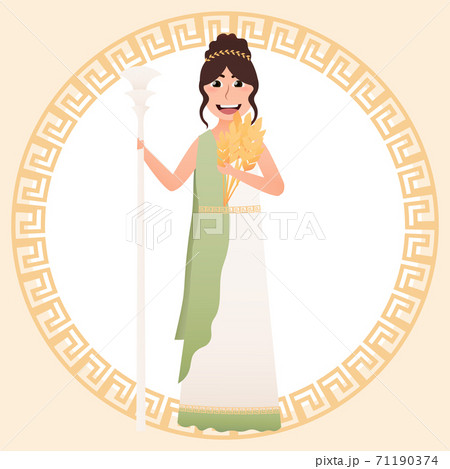 Greece goddess of harvest and grain - Demeter, cute girl in ancient greece costume, holding wheat, meander Greece goddess of harvest and grain - Demeter, cute girl in ancient greece costume, holding wheat, meander 71190374