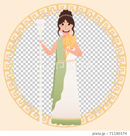 Greece goddess of harvest and grain - Demeter, cute girl in ancient greece costume, holding wheat, meander Greece goddess of harvest and grain - Demeter, cute girl in ancient greece costume, holding wheat, meander 71190374