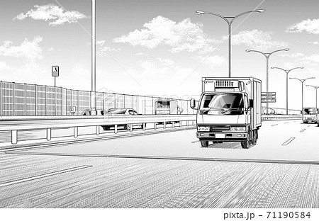 漫画風ペン画イラスト 車 高速道路 トーンのイラスト素材