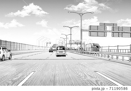 漫画風ペン画イラスト 車 高速道路 トーンのイラスト素材