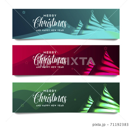 Set of cards or posters for Merry Christmas and happy new year greeting with stylized ribbon Christmas tree with star and calligraphy signature 71192383
