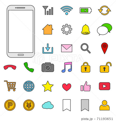 スマートフォンとアイコンのセット(カラフル、アウトラインあり) スマートフォンとアイコンのセット(カラフル、アウトラインあり) 71193651