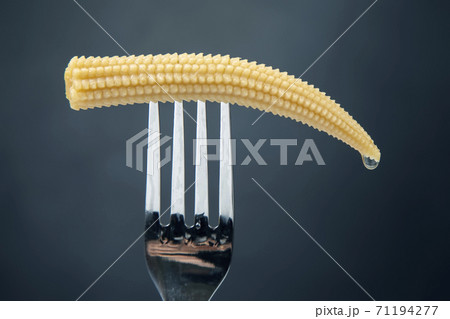 pickled corn on a fork close-up on a dark background. food and vegetables pickled corn on a fork close-up on a dark background. food and vegetables 71194277