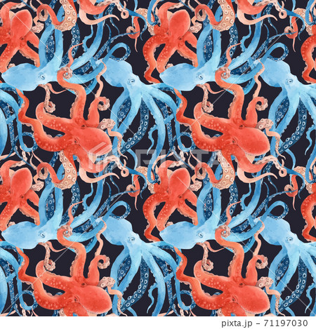 Beautiful vector seamless underwater pattern with watercolor red and blue octopus. Stock illustration. 71197030