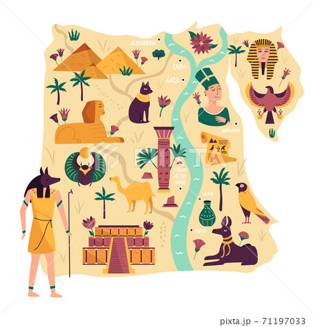 Illustrated map of Egypt with ancient landmarks, symbols, cities, statues. Vector illustration 71197033