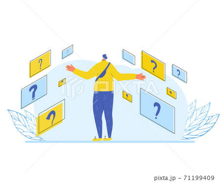 Pensive man stand with signs. Vector illustartion. 71199409