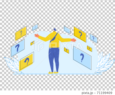 Pensive man stand with signs. Vector illustartion. 71199409