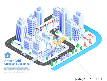 Smart grid cities and buildings isometric vector illustrations. 71199512