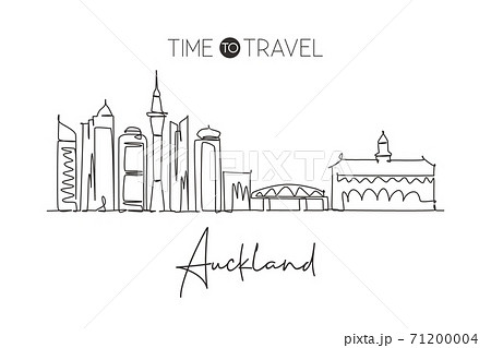 One single line drawing of Auckland city skyline, New Zealand. World historical town landscape. Best place holiday destination home decor poster. Trendy continuous line draw design vector illustration 71200004