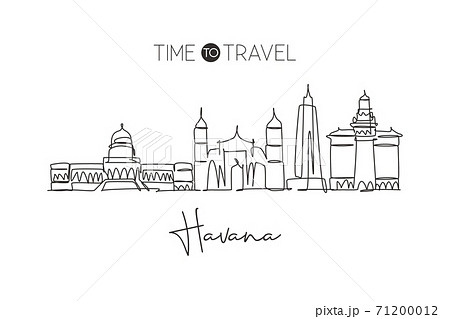 Single continuous line drawing Havana skyline, Cuba. Famous city scraper landscape. World travel destination home wall decor poster print art concept. Modern one line draw design vector illustration 71200012