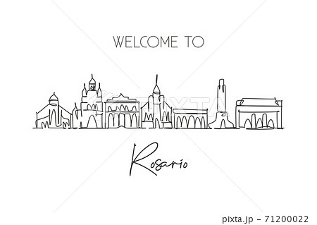 One single line drawing Rosario city skyline, Argentina. World historical town landscape. Best holiday destination wall decor poster print art. Trendy continuous line draw design vector illustration 71200022