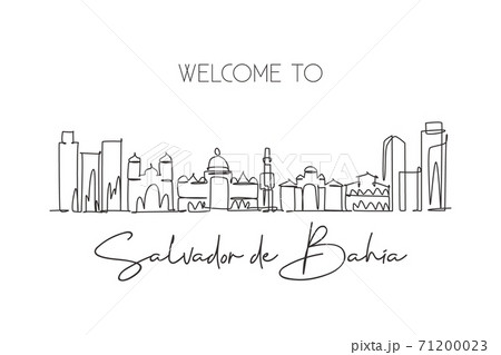 Single continuous line drawing of Salvador de Bahia skyline, Brazil. Famous city scraper landscape. World travel postcard print concept. Editable stroke modern one line draw design vector illustration 71200023