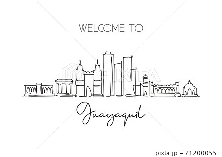 One single line drawing Guayaquil city skyline, Ecuador. World historical town landscape wall decor poster print. Best place holiday destination. Trendy continuous line draw design vector illustration One single line drawing Guayaquil city skyline, Ecuador. World historical town landscape wall decor poster print. Best place holiday destination. Trendy continuous line draw design vector illustration 71200055