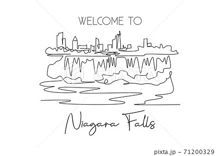 One continuous line drawing Niagara Falls skyline, Canada. Beautiful nature landmark postcard art. World landscape tourism travel vacation. Editable stroke single line draw design vector illustration 71200329