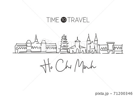 One single line drawing Ho Chi Minh city skyline, Vietnam. World town landscape home decor wall art poster print. Best place holiday destination. Trendy continuous line draw design vector illustration 71200346