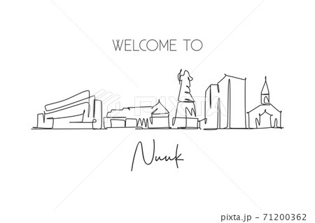 Single continuous line drawing Nuuk city skyline, Greenland. Famous city scraper landscape postcard. World travel destination concept. Editable stroke modern one line draw design vector illustration Single continuous line drawing Nuuk city skyline, Greenland. Famous city scraper landscape postcard. World travel destination concept. Editable stroke modern one line draw design vector illustration 71200362