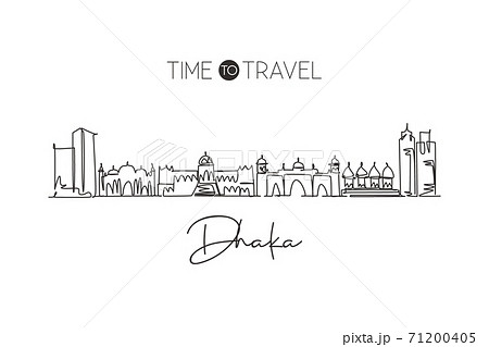 Single continuous line drawing Dhaka skyline, Bangladesh. Famous city scraper landscape home wall decor poster print. World travel destination concept. Modern one line draw design vector illustration 71200405