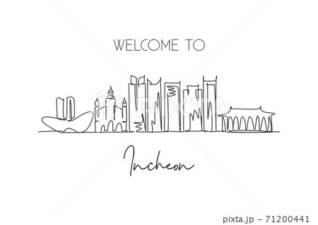 Single continuous line drawing Incheon skyline, South Korea. Famous city scraper landscape postcard. World travel destination concept. Editable stroke modern one line draw design vector illustration 71200441