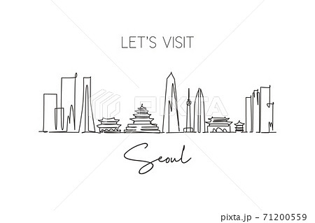 Single continuous line drawing Seoul skyline, South Korea. Famous city scraper landscape wall decor poster print art. World travel destination concept. Modern one line draw design vector illustration 71200559