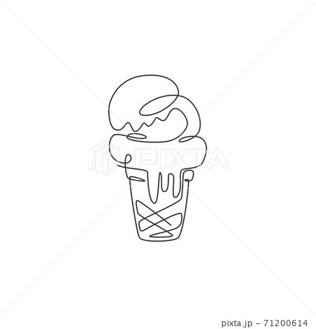 Single continuous line drawing of stylized ice cream cone store logo label. Emblem dessert restaurant concept. Modern one line draw design vector illustration for cafe, shop or food delivery service 71200614