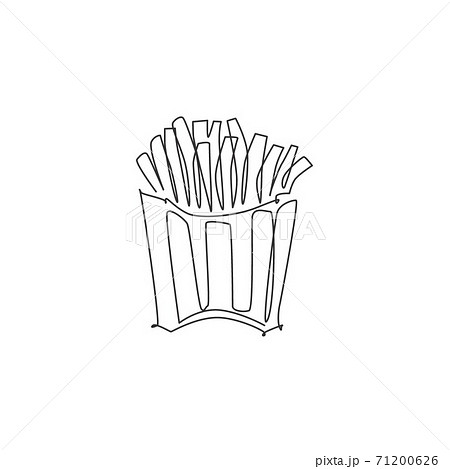 Single continuous line drawing of stylized french fries store logo label. Emblem fast food restaurant concept. Modern one line draw design vector illustration for cafe, shop or food delivery service Single continuous line drawing of stylized french fries store logo label. Emblem fast food restaurant concept. Modern one line draw design vector illustration for cafe, shop or food delivery service 71200626