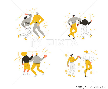Holiday event. Two characters wearing in casual clothes dancing together isolated on a white background. Persons jumping and have fun. Vector flat illustration. 71200749