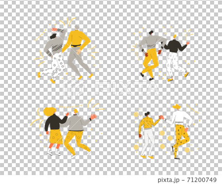 Holiday event. Two characters wearing in casual clothes dancing together isolated on a white background. Persons jumping and have fun. Vector flat illustration. 71200749