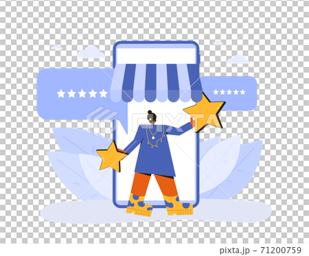 Feedback concept. Client review. Adult woman holding stars in his hands. Shops customer with mark sings near huge smartphone. Service rating. Vector flat illustration. Feedback concept. Client review. Adult woman holding stars in his hands. Shops customer with mark sings near huge smartphone. Service rating. Vector flat illustration. 71200759