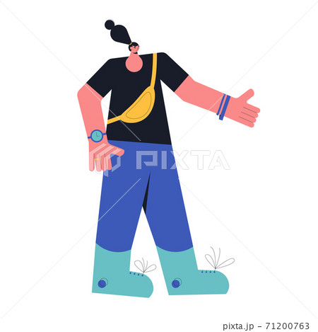 Teenager girl with crossbody bag. Young female character wearing in casual clothes standing isolated on a white background. Person with dark hair pointing with hand. Vector illustration. Teenager girl with crossbody bag. Young female character wearing in casual clothes standing isolated on a white background. Person with dark hair pointing with hand. Vector illustration. 71200763