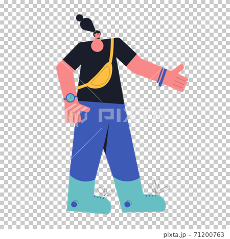 Teenager girl with crossbody bag. Young female character wearing in casual clothes standing isolated on a white background. Person with dark hair pointing with hand. Vector illustration. Teenager girl with crossbody bag. Young female character wearing in casual clothes standing isolated on a white background. Person with dark hair pointing with hand. Vector illustration. 71200763