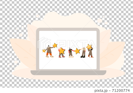 Customer review rating. Feedback concept. Happy clients standing with gold stars on laptop screen. Online store reputation. Shopping website ranking. Young adult people holding rate symbols in their 71200774