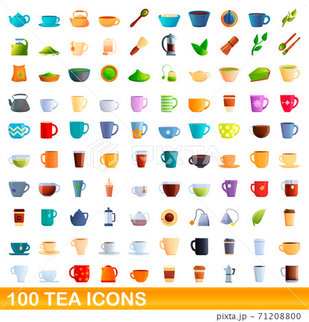 100 tea icons set, cartoon style 100 tea icons set, cartoon style 71208800