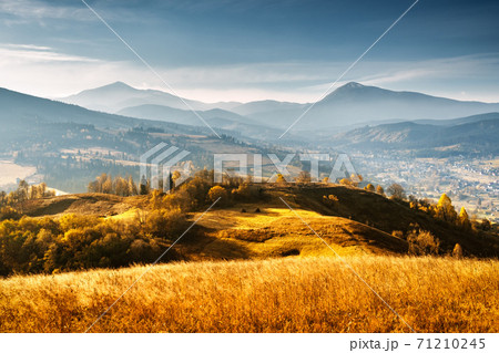Picturesque autumn mountains with red beech forest 71210245