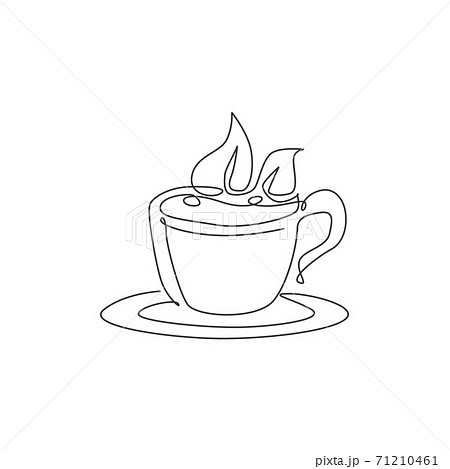One continuous line drawing of fresh hot cup of tea with green natural tea leaves logo emblem. Beverage store and cafe logotype template concept. Modern single line draw design vector illustration 71210461